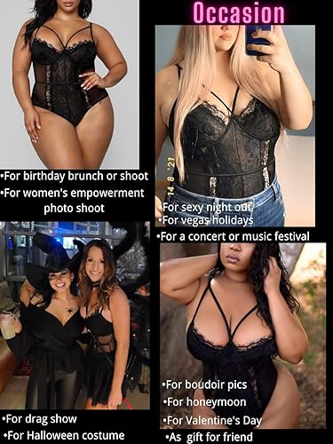 Miniatura 8 de KaeiShi Lencería de talla grande para mujer body sexy de encaje transparente cuello en V pestañas de una pieza floral peluche de San Valentín