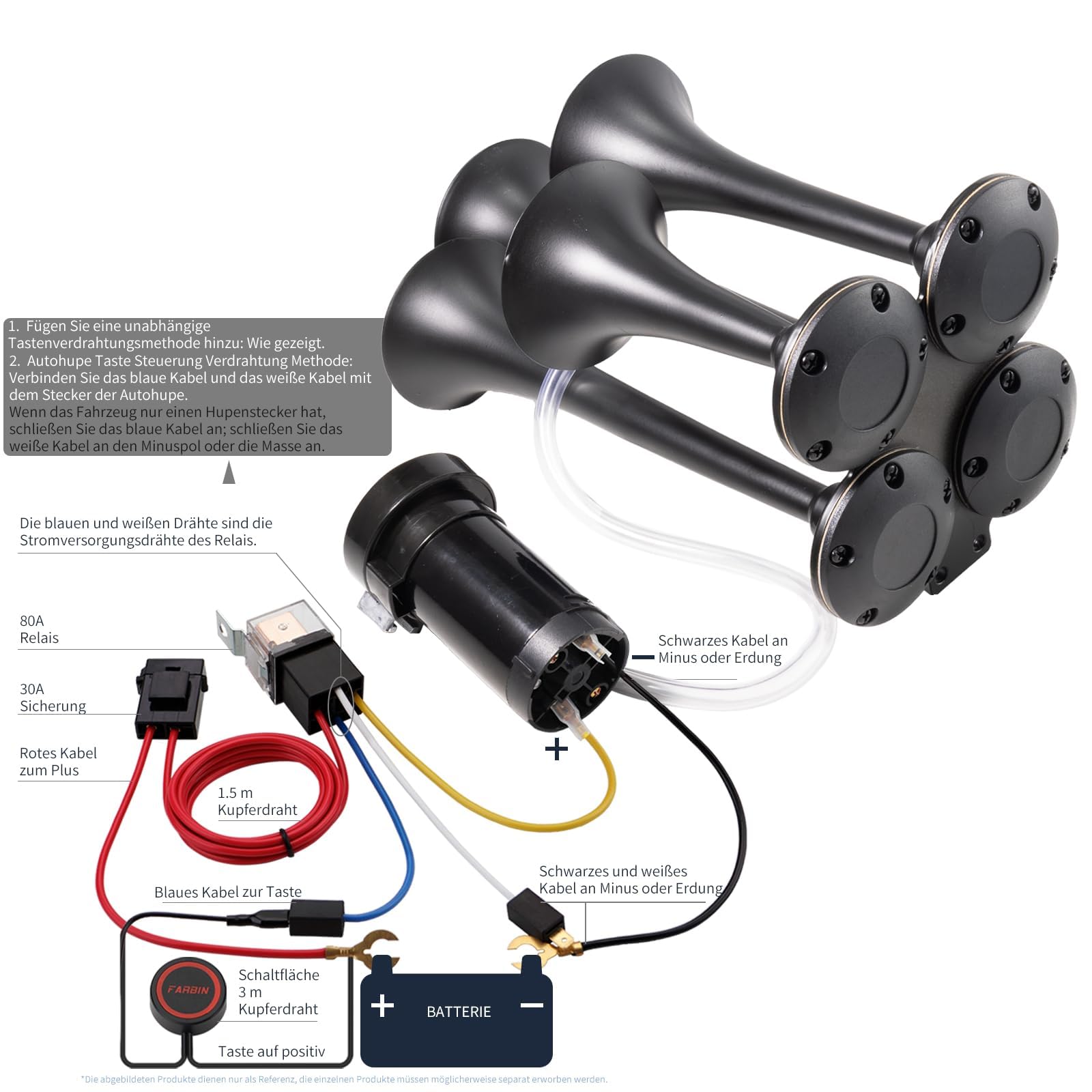 FARBIN LKW Luft Horn 150DB Zug hupe 12V 4 Trompete Auto hupen für LKW Super Laute Luft Horn mit Kompressor für Fahrzeug Auto Pickup Jeep SUV Boot