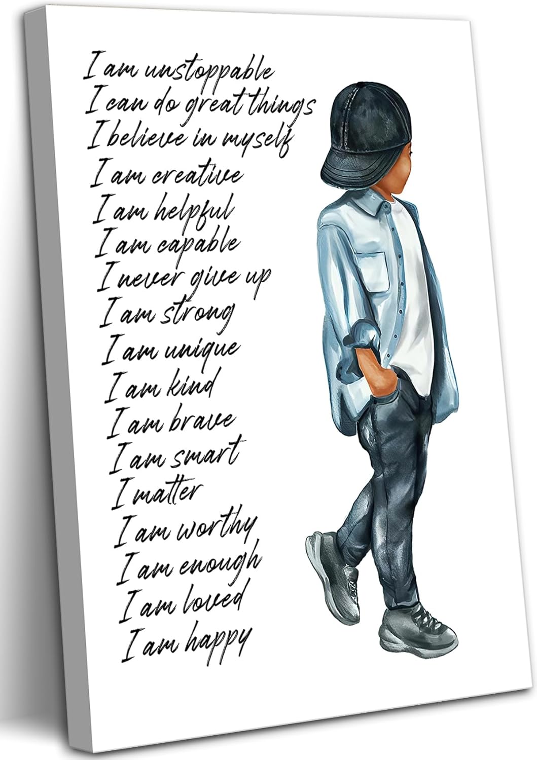 EKZSMQY Motivational Black Boy Wall Art African American Boys Painting Black Boy Positive Affirmation Prints Wall Decor Inspirational Quotes Canvas Poster for Kids Bedroom Playroom 16x24 Inch