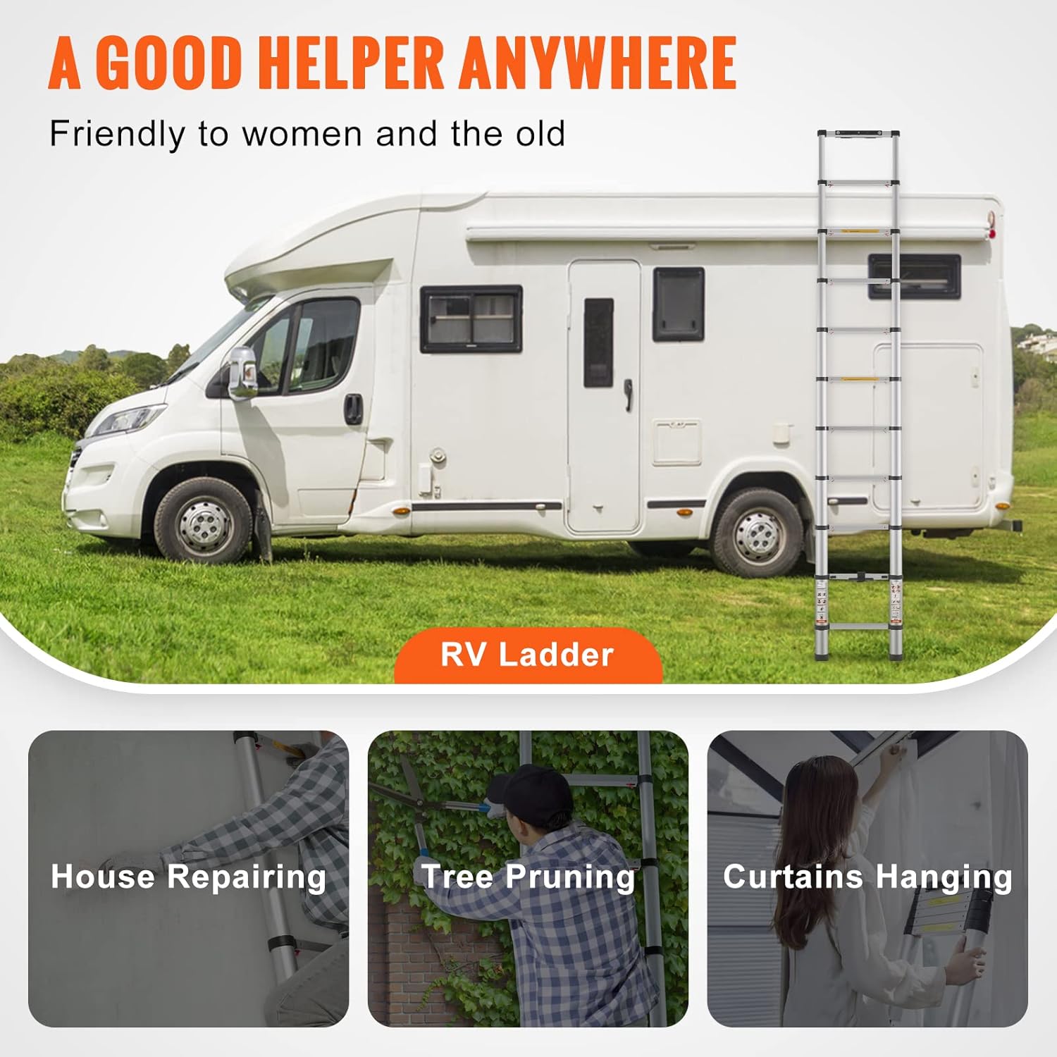 VEVOR Telescoping Ladder, 10.5 FT Aluminum One-Button Retraction Collapsible Extension Ladder, 375 LBS Capacity w/Non-Slip Feet, Portable Multi-Purpose Compact Ladder for Home, RV, Loft, ANSI Listed