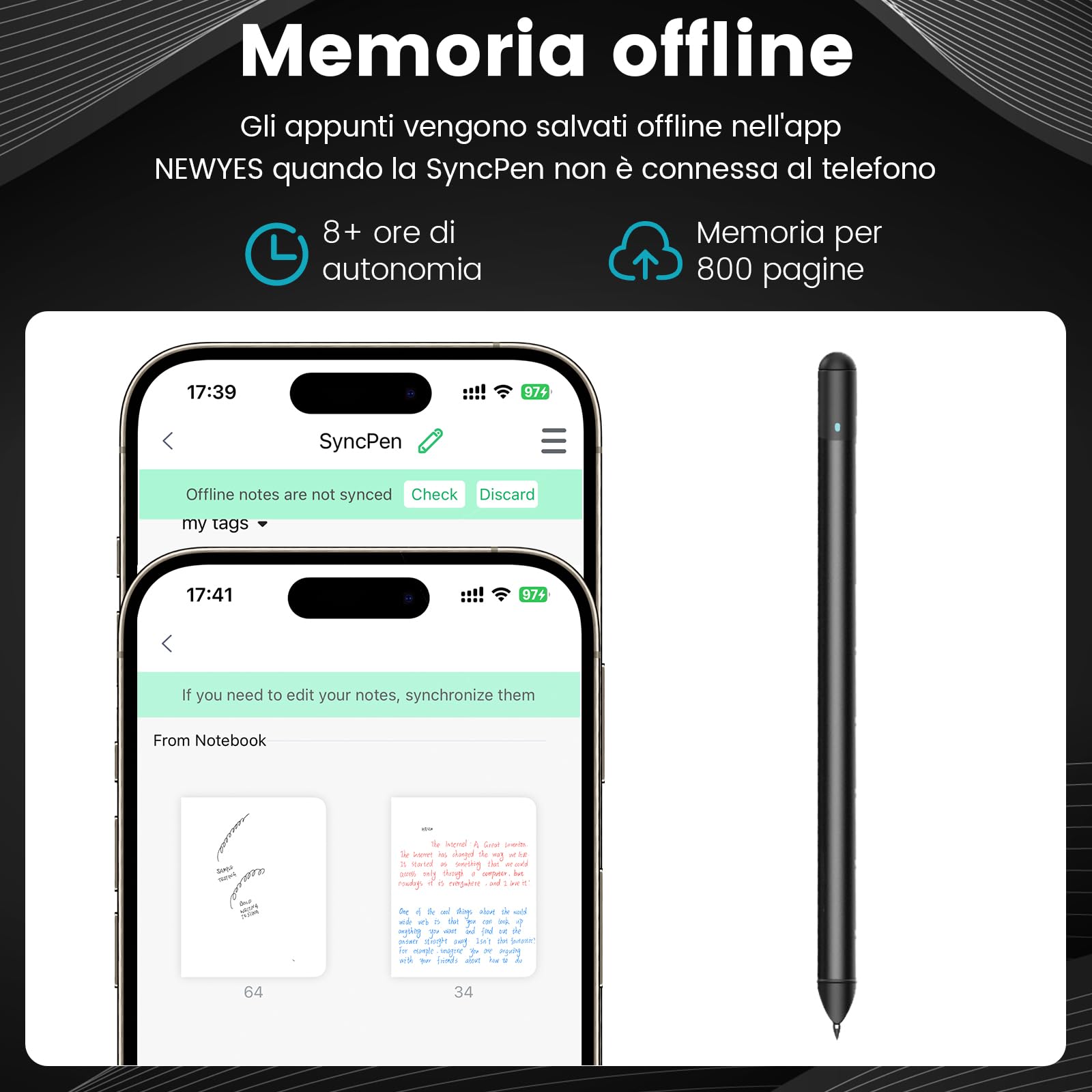 NEWYES SyncPen 3.0 Set - Smart Pen Sincronizza i Tuoi Appunti Dallo Schermo e Dalla Carta, Sincronizzazione in Tempo Reale e Riconoscimento Intelligente del testo Compatibile con iOS e Android