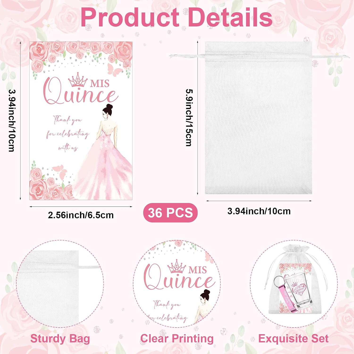 36 Set Quinceanera Party Favors for Guests Quinceanera Clear Acrylic Shot Glasses Bottle Opener Thank You Card Organza Bag for 15 or 16 Year Old Birthday Party Favor Mis Quince Anos Supplies image 3