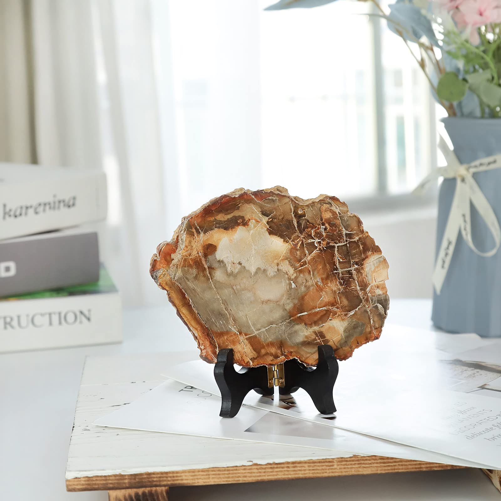 mookaitedecor 5-6.7" Natural Petrified Wood Slice Stone Specimen with Wooden Stand - Image 3