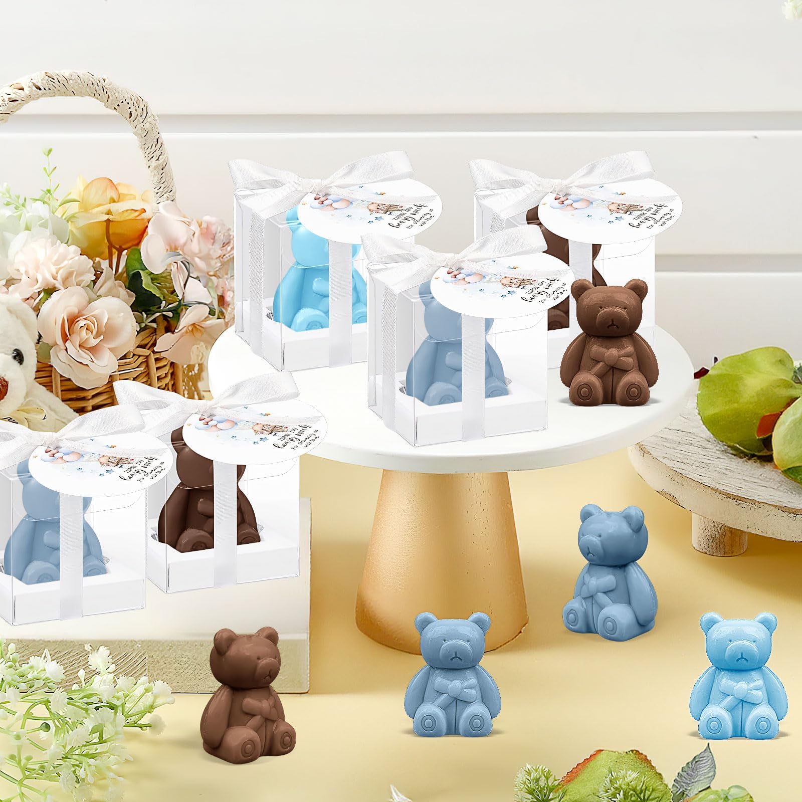 Lot de 36 Savons en Forme d’Ourson pour Baby Shower, avec Boîtes Cadeaux | Mini Savons Parfumés en 3 Couleurs avec Rubans et Étiquettes Merci pour Baptême, Gender Reveal, Mariage et Fête de Naissance