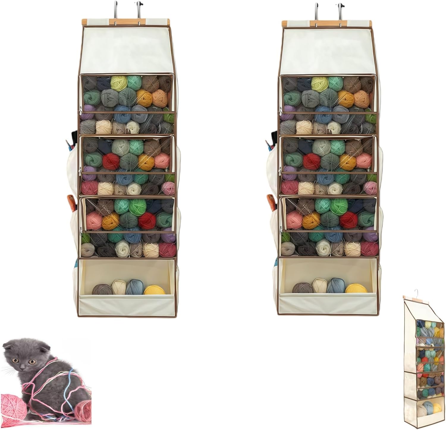 Large-Capacity Hanging Yarn Storage Bag,Portable Hanging Yarn Storage Bag,With 4 Transparent Zipper Compartment Pockets And 3 Side Crochet/Knitting Needle Pockets (2PCS)