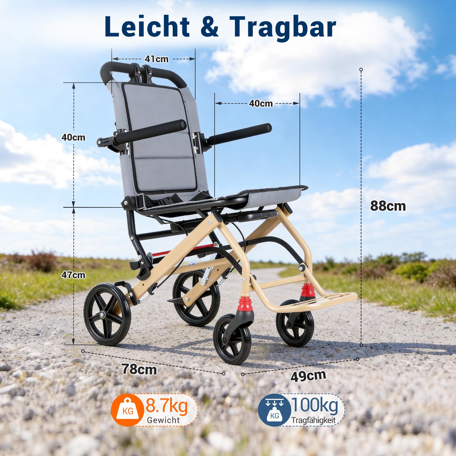 Care Parents reiserollstuhl Faltbar & Leicht (8,7kg), 41cm Sitzbreite,mit ausziehbarer Zugstange, Aluminium rollstuhl, Kompakt für Flugzeug, Bahn & Auto, Armlehnen hochklappbar, Bis 100kg (CP-9209)