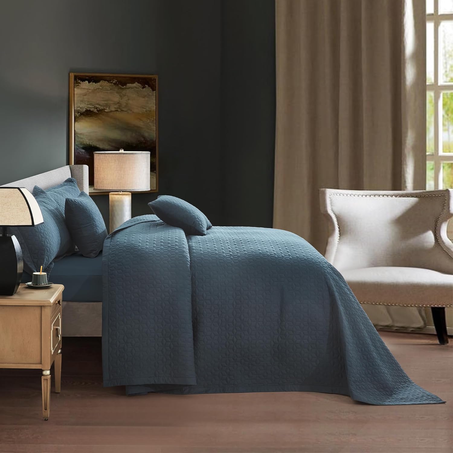 Oversized King Bedspread 128x120 Extra Wide, Modern & Contemporary Look, Lightweight Bedding Cover, Reversible, 5 Piece, 100% Microfiber, Navy Blue - Image 4