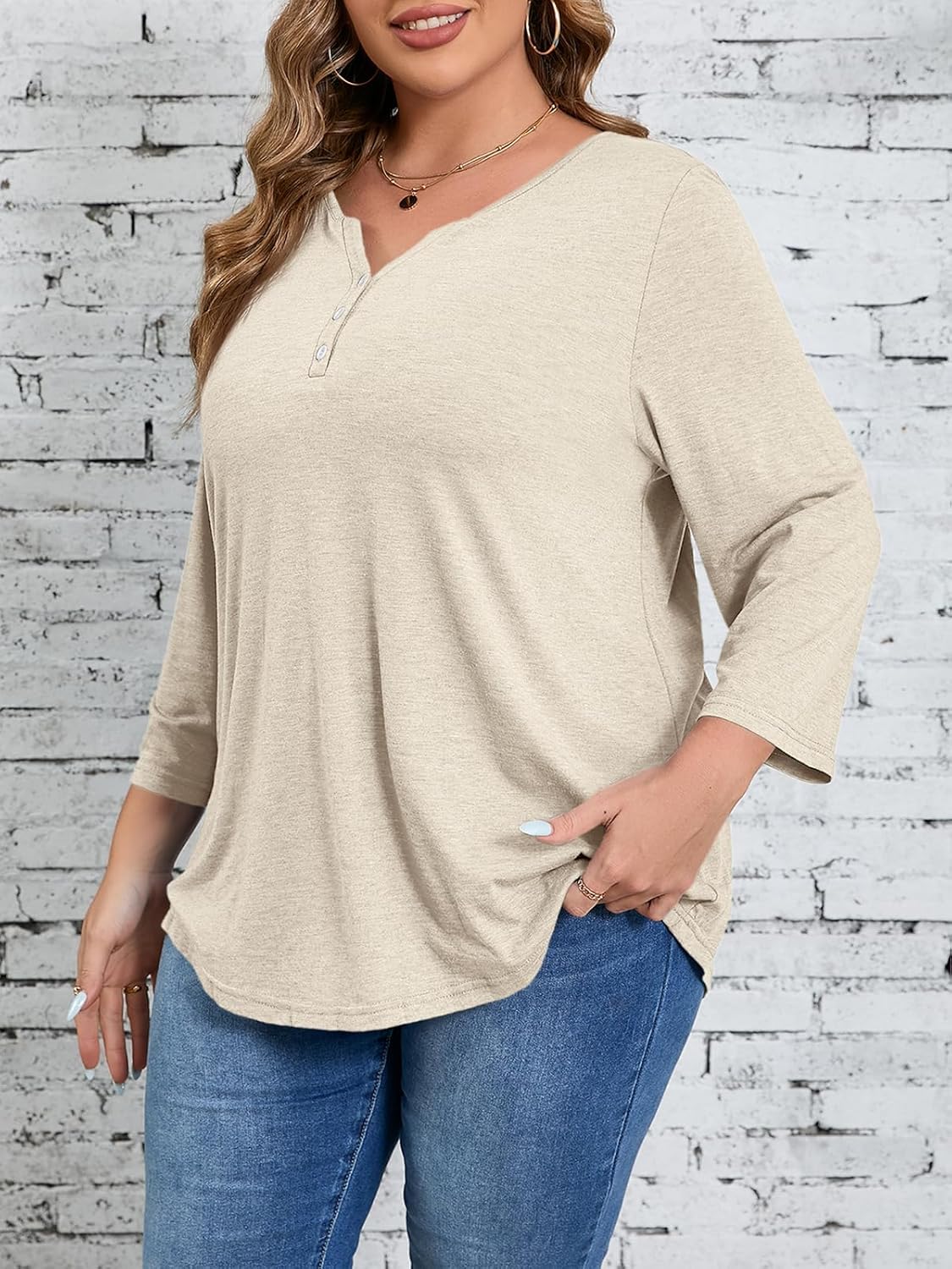 Beautife Womens Plus Size T-Shirts V Neck 3/4 Sleeve Tops Fall Henley Shirts Casual Basic Loose Fit Blouses - Image 2