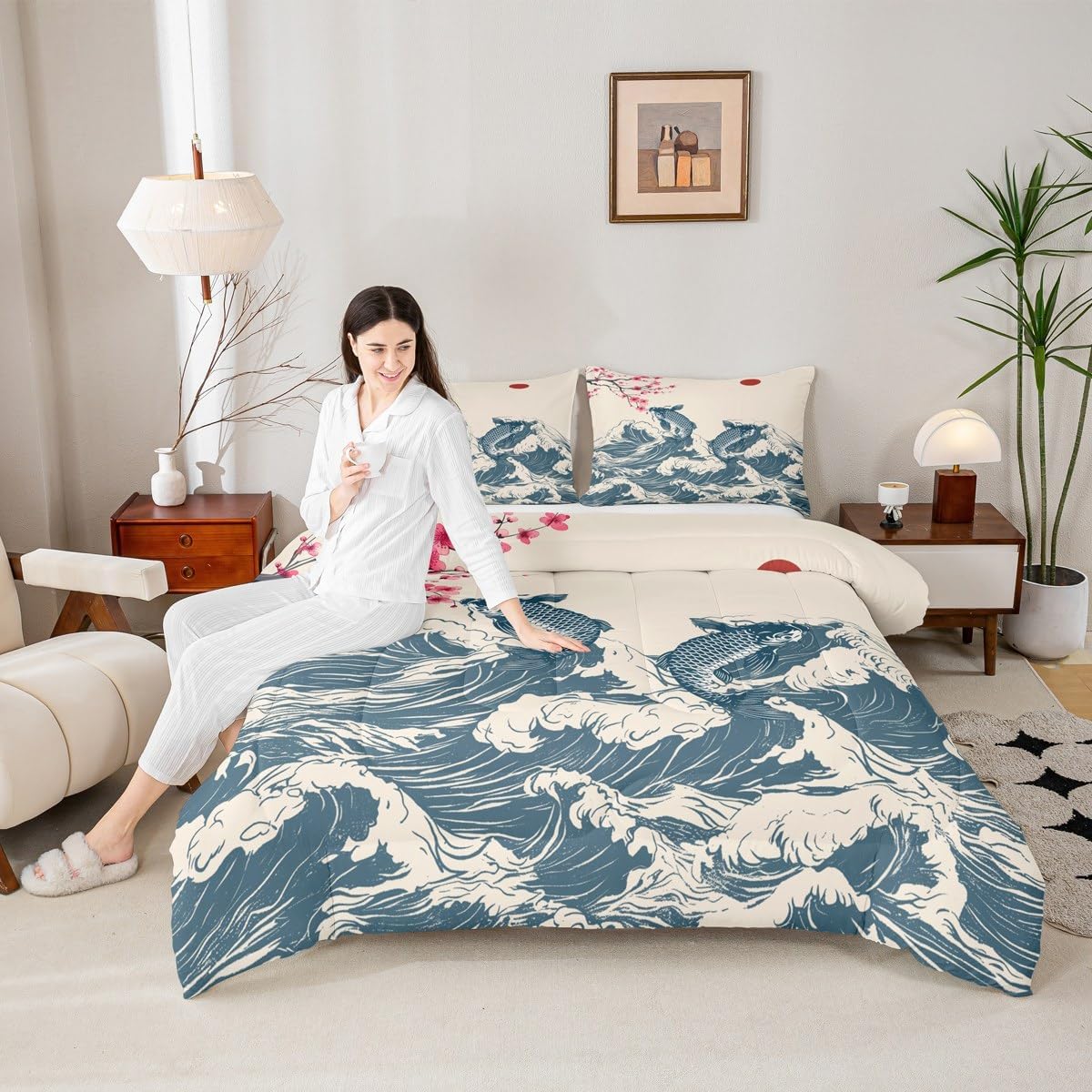 Happy Camping Camper Comforter Set Full Size,Roses Flowers RV Trailer Decor Bedding Set,Girls Boys Women Room Decor,Outdoor Adventure Trip Down Comforter,Pink Romantic Duvet Insert,2 Pillowcases