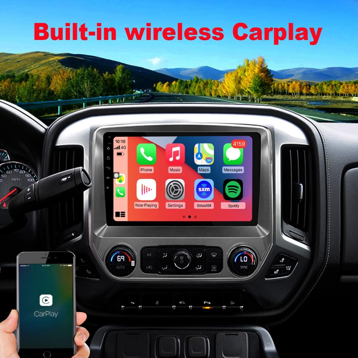 Dzxiaso Android Stereo displaying the Apple CarPlay interface on the dashboard, with a hand interacting with the touch screen and a smartphone showing the CarPlay logo.