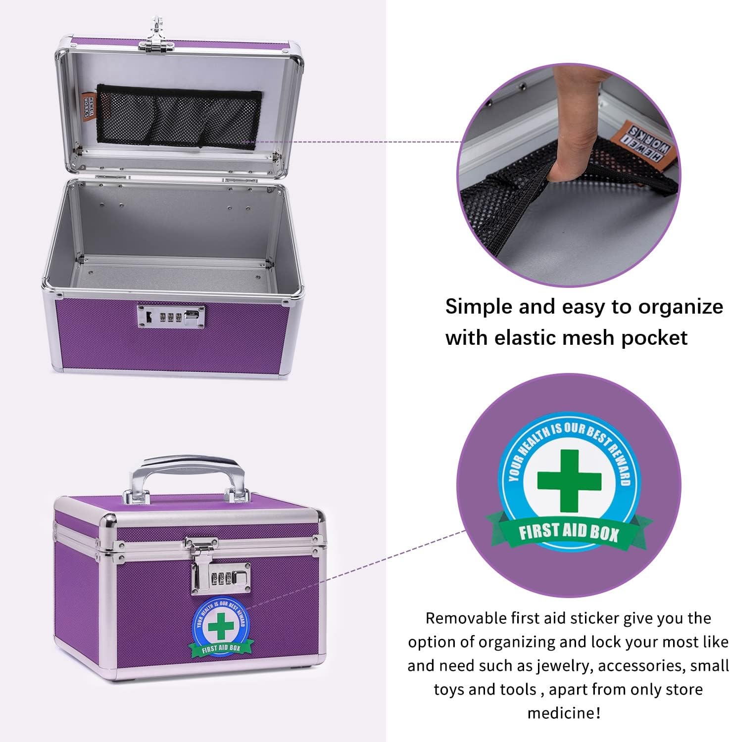 Locking Medicine Box with Portable Storage Case, 10.2''x 6.8''x 6.8'', Childproof Medication Lock Organizer, Lockable Box for Money, Documents & Meds (Purple/Small) image 5