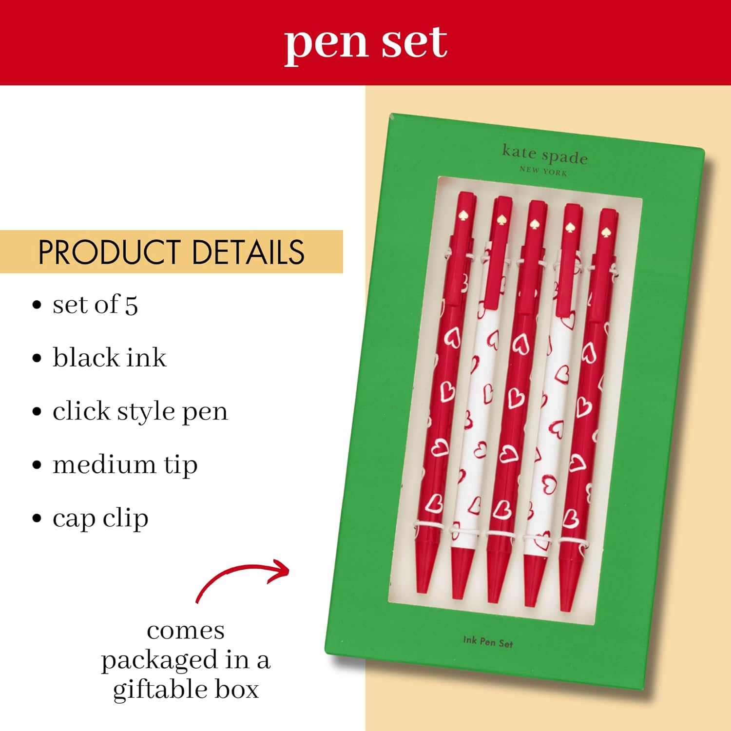 kate spade new york Black Ink Pen Set of 5, Cute Click Pens, Plastic Retractable Pens for Writing and Journaling (Brushstroke Hearts) - Image 2