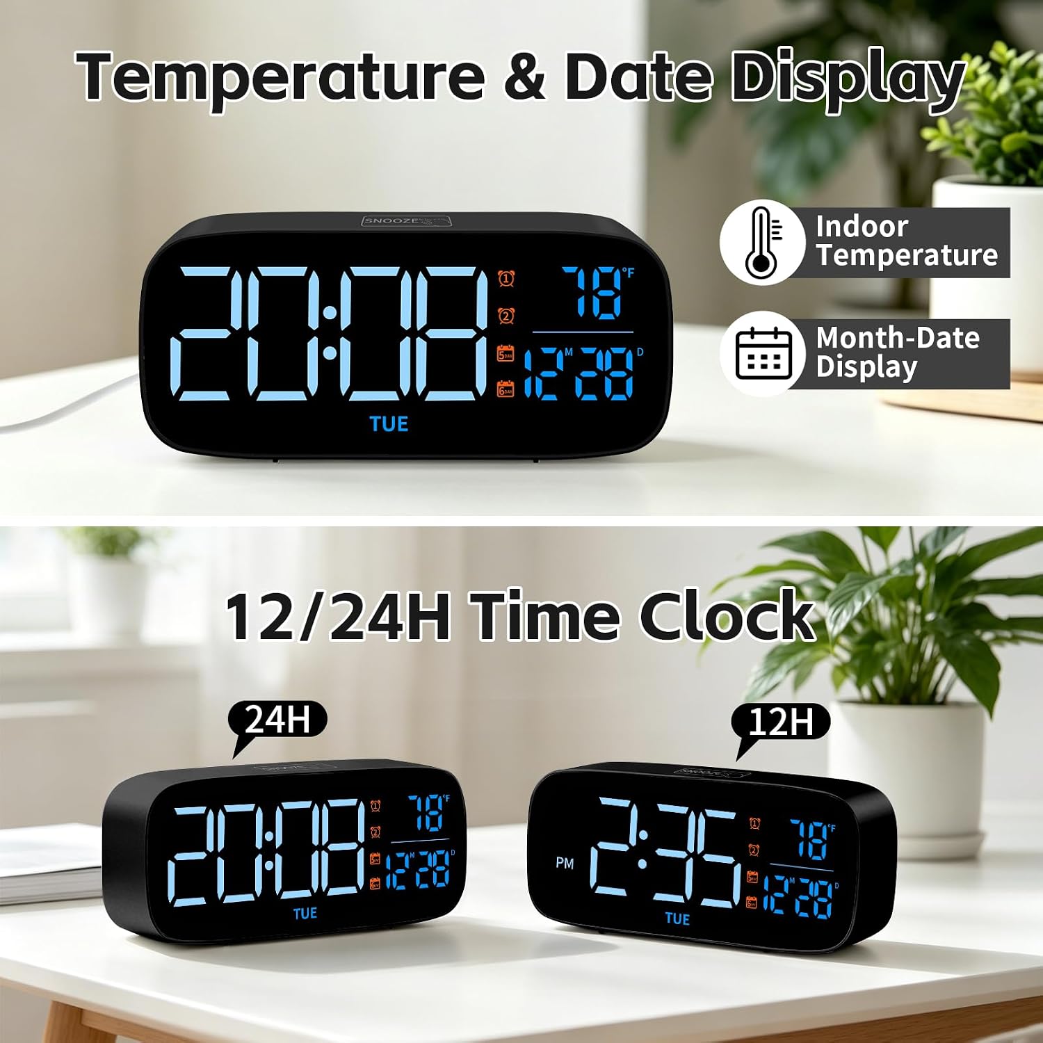 Digital Alarm Clock for Bedroom,Dimmer with Temperature Calendar, 13 Sounds Adjustable Volume, Weekday/Weekend Mode, Snooze, 12/24H Display for Bedrooms Heavy Sleepers Kids Bathroom