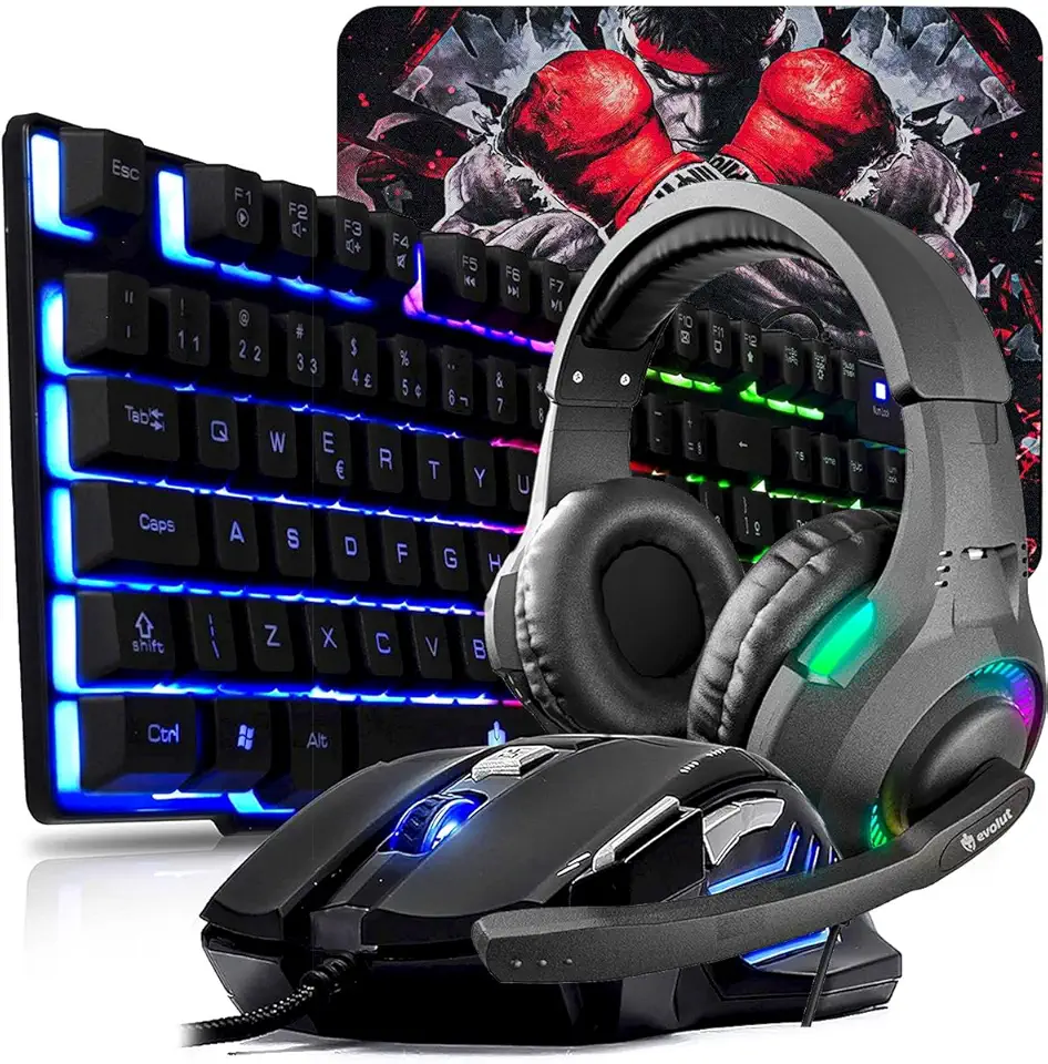 Evolut Kit Gamer Periféricos Teclado Led RGB + Mouse led 7 Cores 3200dpi + Headset gamer RGB P3 + Pad Speed estampado