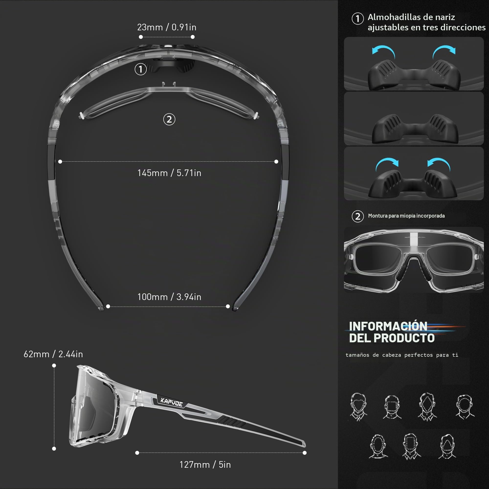 KAPVOE Gafas Ciclismo Fotocromáticas Lente y Montura UV400 Color Negro K76 | Lente & montura fotocromáticas, lente transparente a negro CAT.0-CAT.2, UV400, almohadilla regulable