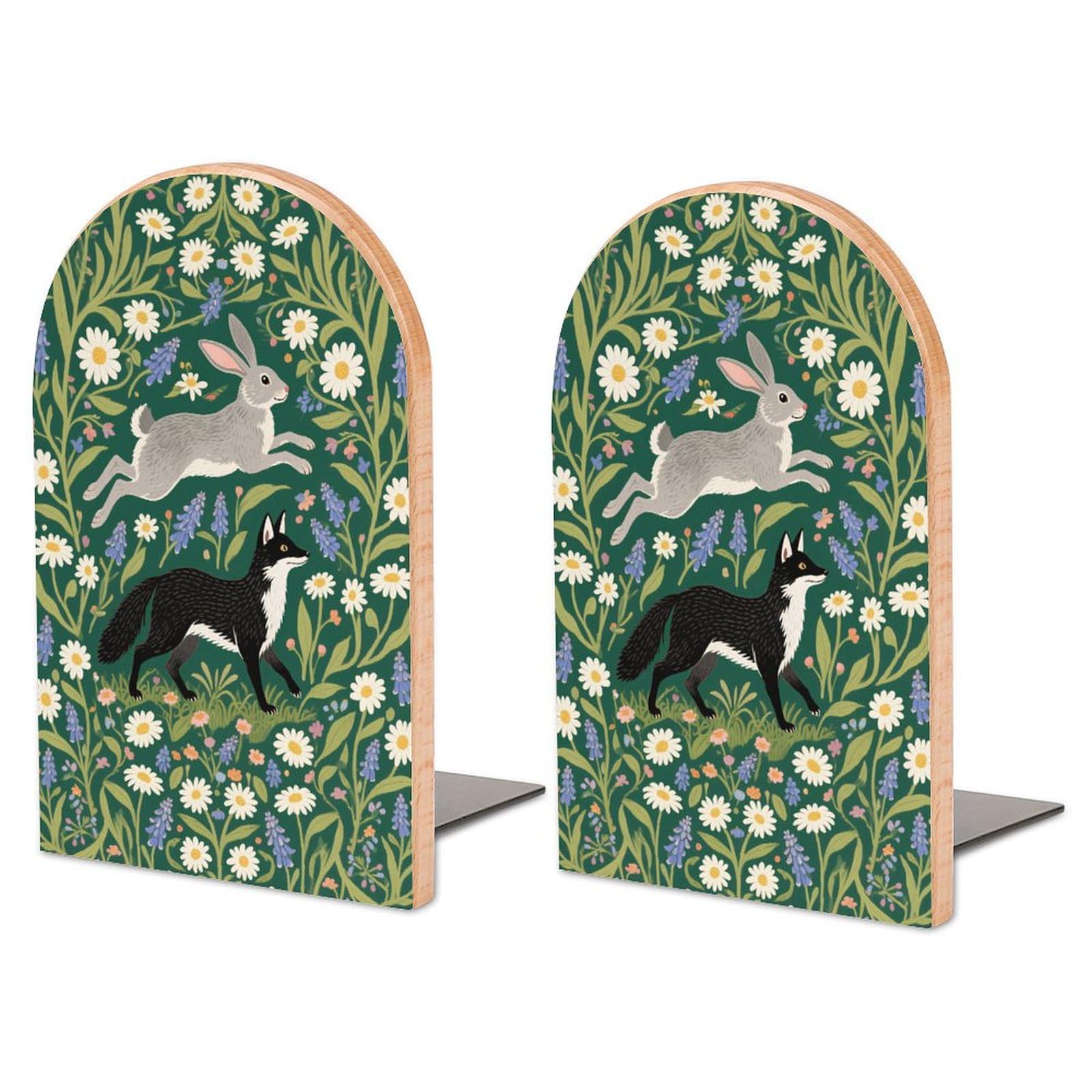 PLQWMR 2PCS Wood Bookends – William Morris Rabbit & Fox Print, Non-Slip Heavy Duty Book Ends for Shelves, Desk, Home Office, Library, Study Room Decoration