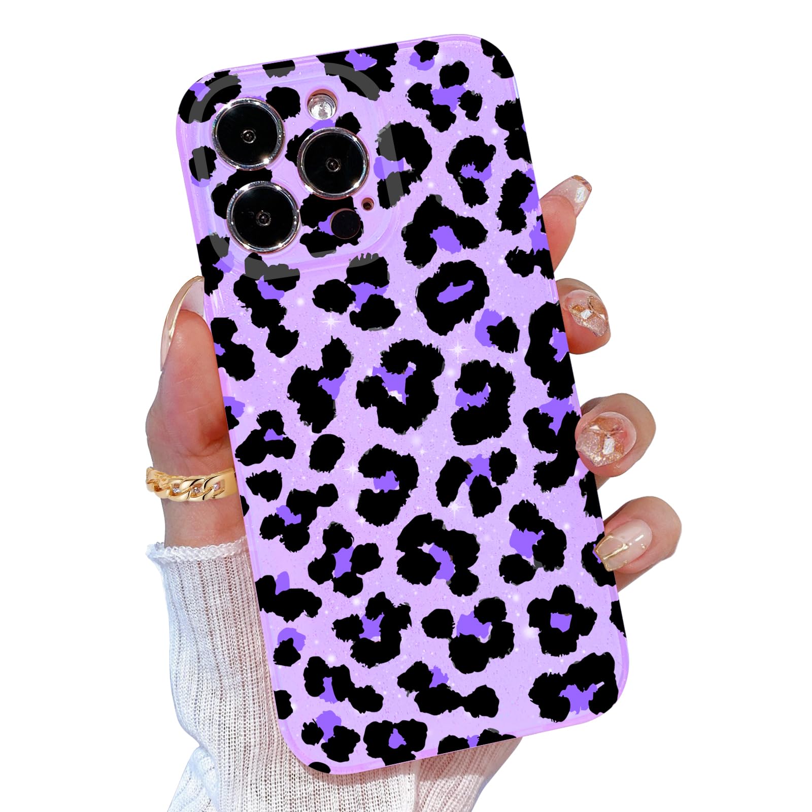 TURYXIA Compatible with iPhone 16 Pro Case Glitter Sparkly Bling Case for Women Girls Girly Cute Cheetah Pattern Slim Soft Phone Cover, Purple & Leopard