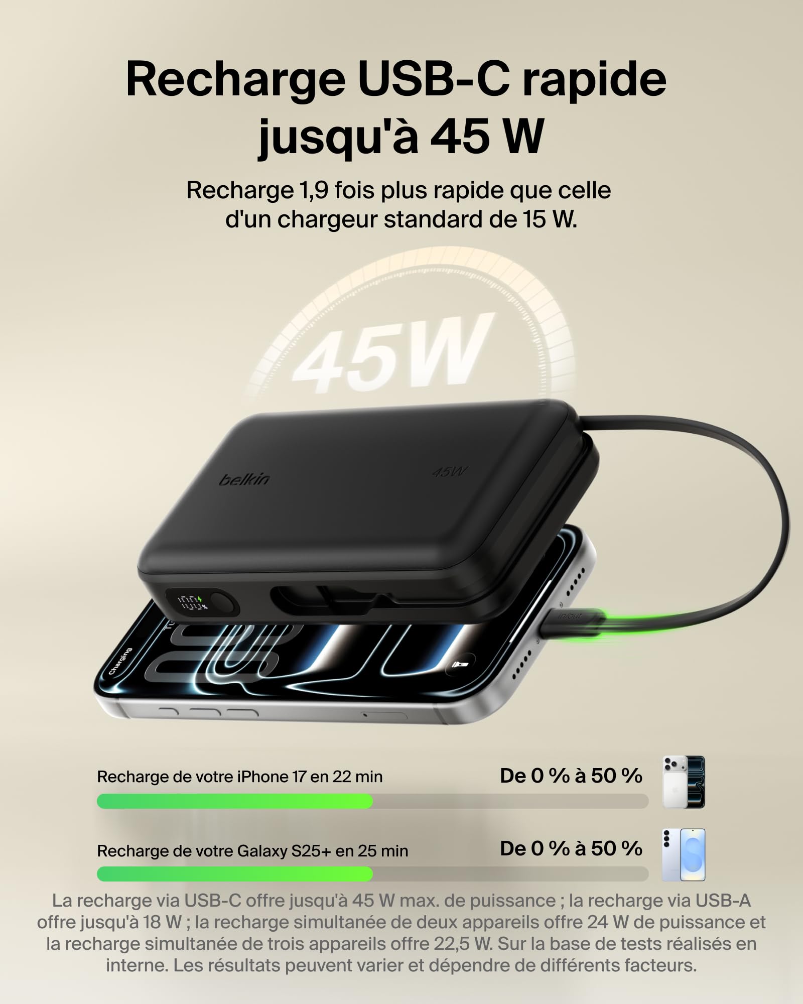 Belkin UltraCharge Batterie Externe 20K avec Câble USB-C Et Écran - Noir