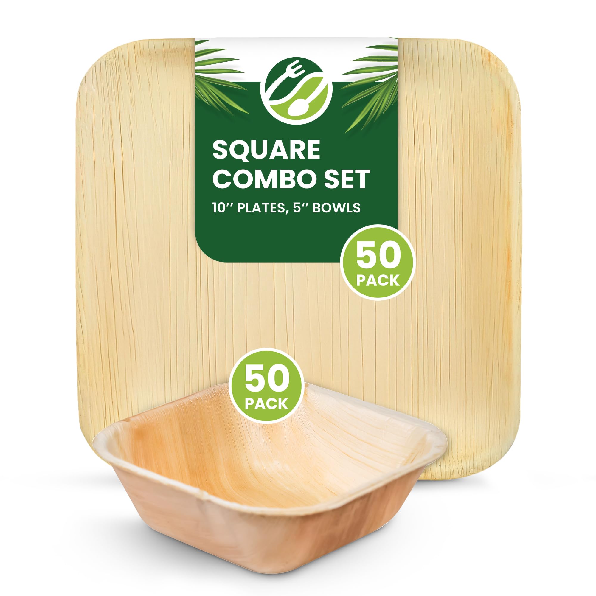 Eco Leaf 100pcs Disposable Palm Leaf Plates and Bowls Combo Set – 50x 10 Square Plates and 50x 5 Square Bowls – Eco-Friendly, Biodegradable, Oven Safe, Durable for Parties and Picnics