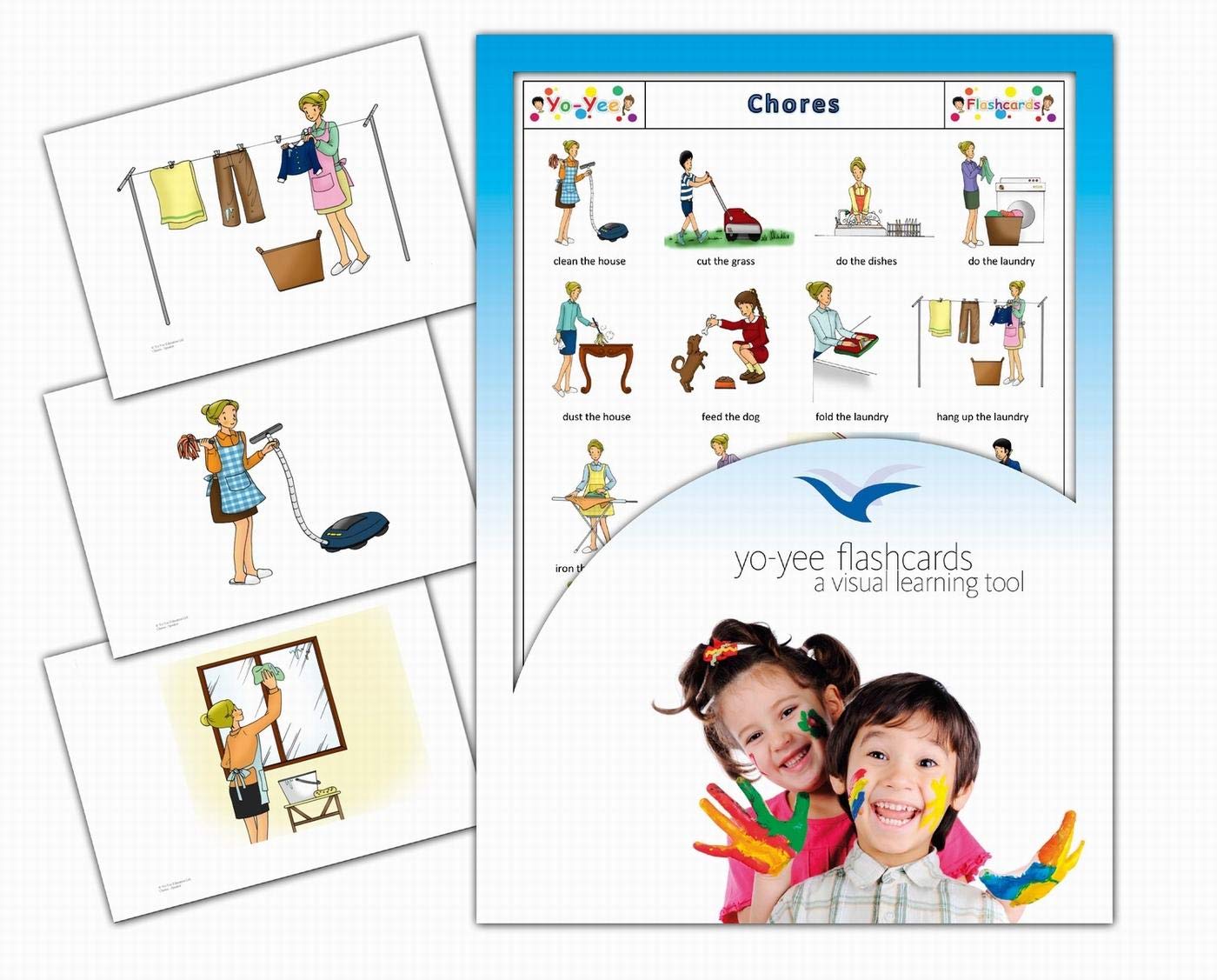 Yo-Yee Flashcards - Chores and Household Duties Picture Cards - English Vocabulary Word Cards for Toddlers, Kids, Children and Adults - Including Teaching Activities and Game Ideas