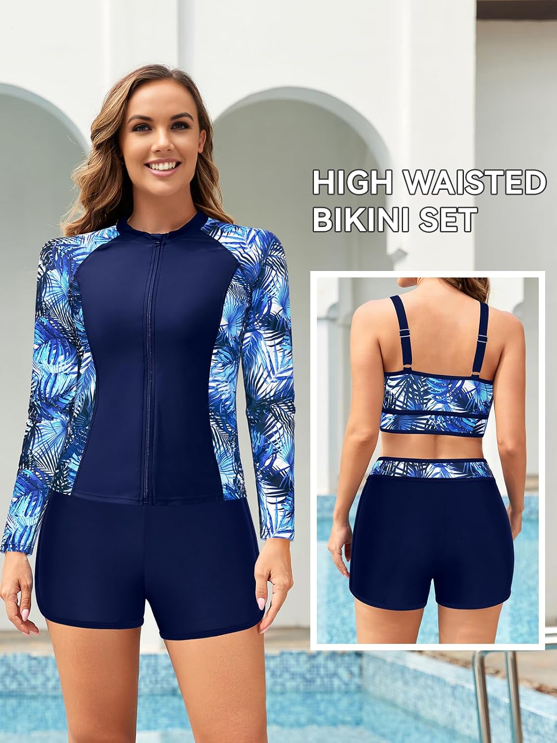 SHEKINI Women Three Piece Rash Guard Long Sleeve Swim Shirts with Boyshorts and Bra Swimsuit Zip Up Surfing Bathing Suit