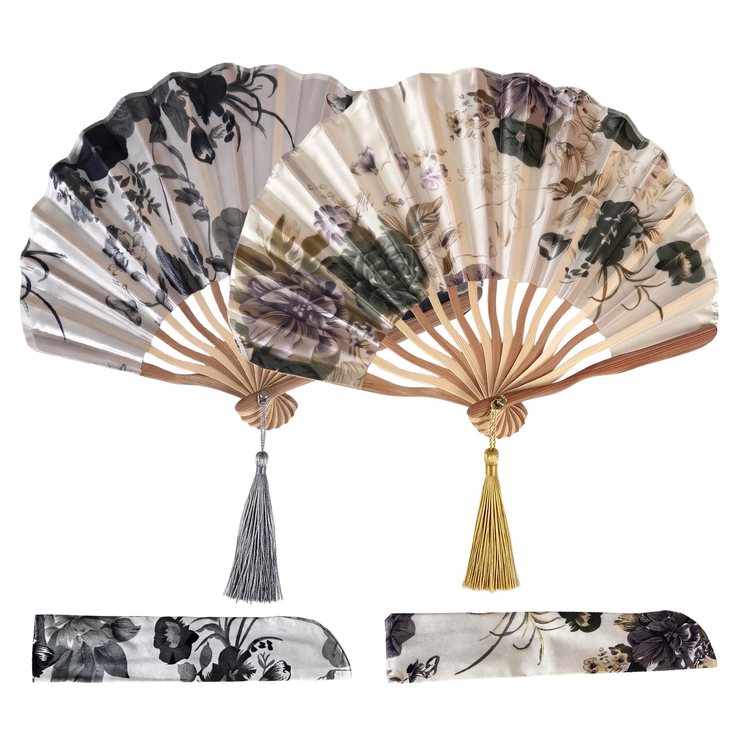 WADUBI Folding Hand Fan, 2 Pack Chinese Bamboo Handheld Folding Fans with Tassels and Plum Blossom Design for Wedding, Dancing, Performance, Party and Home Decoration