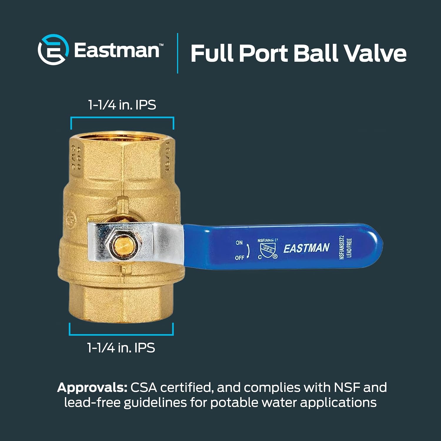 Eastman 1-1/4 Inch IPS Heavy Duty Full Port Ball Valve, Brass Plumbing Fitting, 20051LF
