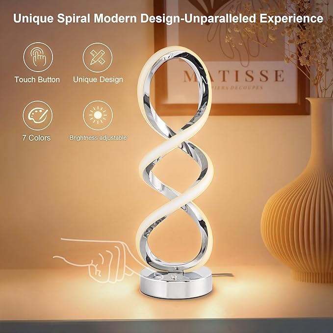 Adebime Modern Spiral RGB Table Lamp, Touch Dimmable Bedside Lamp, 7 Colors 10 Light Modes Spiral Design Table Lamp, Unique Nightstand Lamp for Living Room, Bedroom, Cool Lamps, Sliver, 2 Pack photo 3