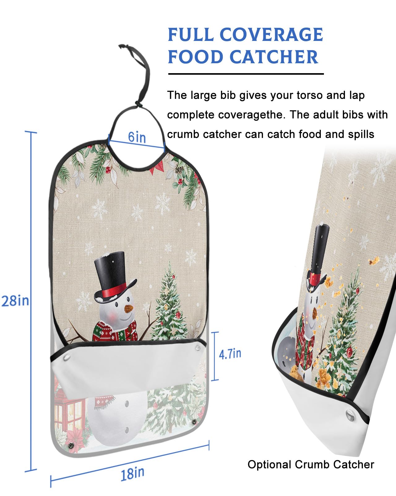 Winter Snowman Adult Bib for Eating with Crumb Catcher,Washable & Waterproof Terry Cloth Adjustable Elderly Women Men Adult Bibs Funny Clothing Protector Christmas Poinsettia Eucalyptus Leaf Snowflake