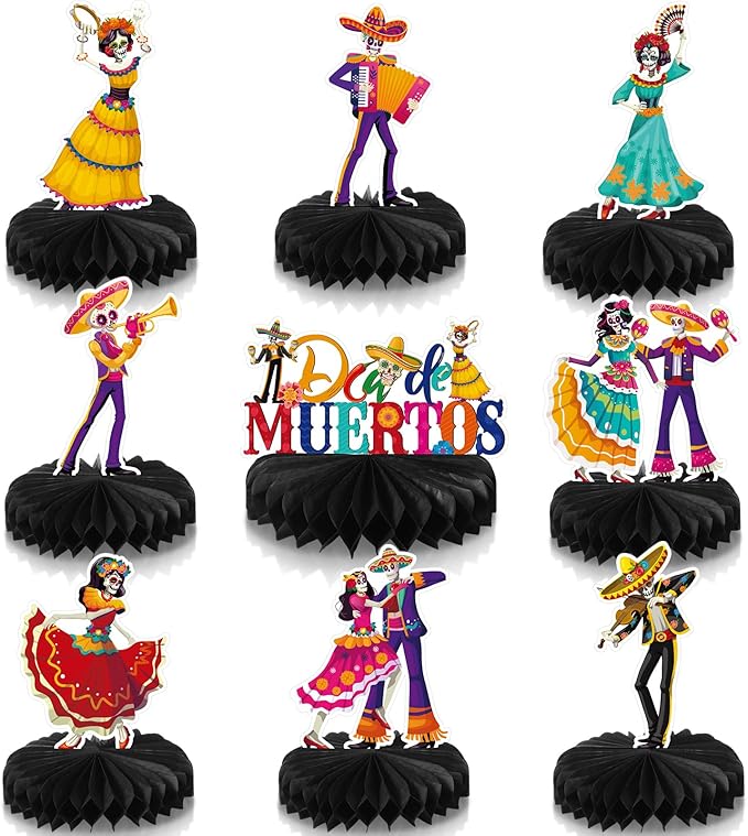 Containlol 9 Pcs Dia De Los Muertos Decorations Day of The Dead Honeycomb Centerpieces Sugar Skull Table Decorations Day of The Dead Party Decorations for Halloween Dia De Los Muertos Party Supplies