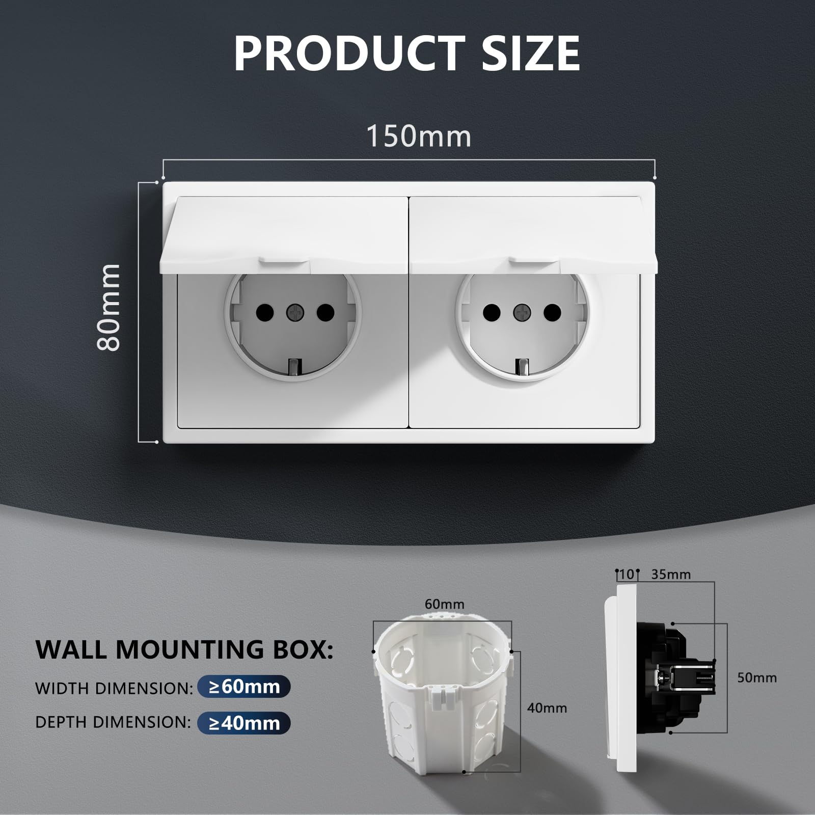 BSEED Enchufe Pared con Tapa Impermeable, Enchufe Doble Empotrable de PC con Garfio, Enchufes Blanco 2 Gang 150 * 80mm