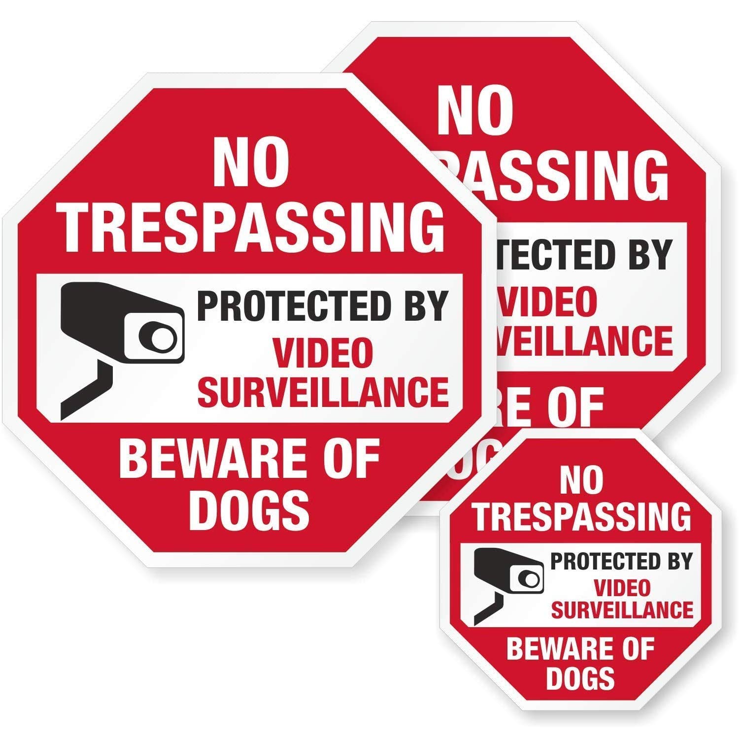 SmartSign No Trespassing - Beware of Dogs, Video Surveillance Decal Set | Two 4"x4" & One 2.75"x2.75" Reflective Adhesive Label/Sticker, Made in USA