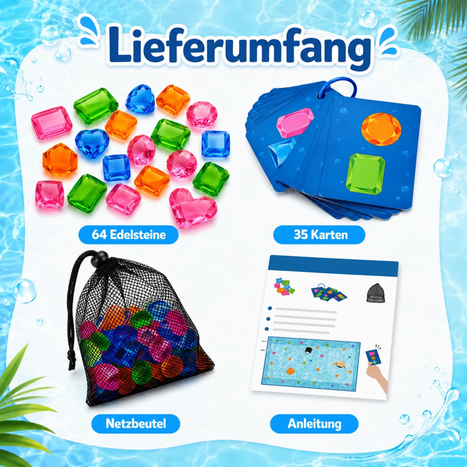 Generisch Tauchspiel Diamanten mit Karten, Diamanten Tauchen Spiel ，2pcs | Tauchspiel Edelsteine Buntes Set für Pool Schwimmbad Garten Party Unterwasser Spaß Sommer Zubehör Kollektion