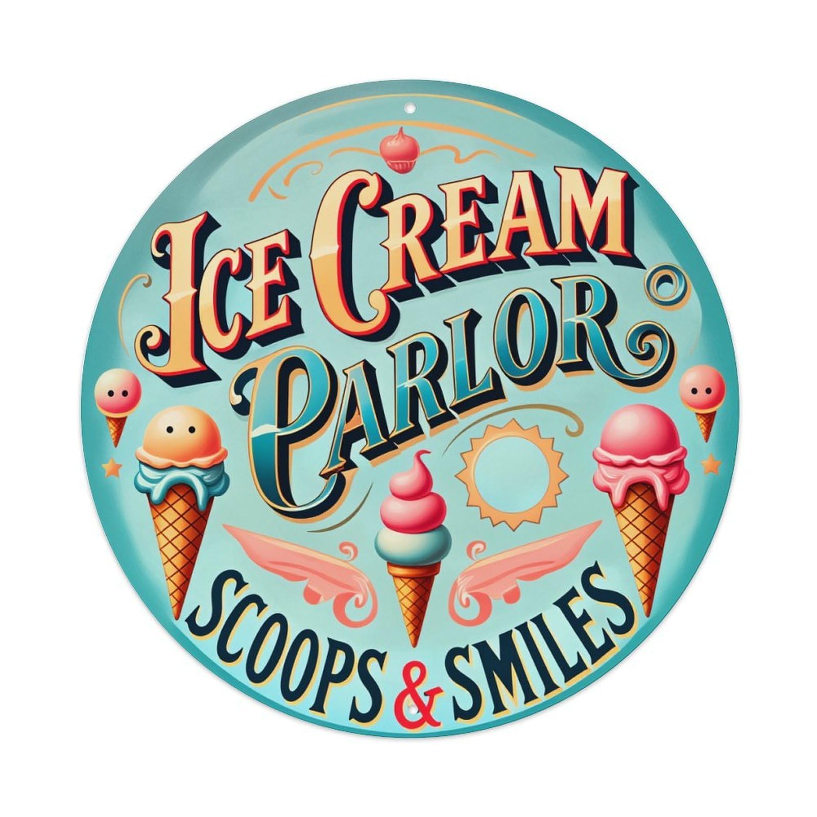 Ice Cream Parlor Scoops Smiles Round Tin Sign Vintage Metal Poster, Home Bar Garage Man Cave Cafe Indoor & Outdoor Wall Decoration 8x8Inches