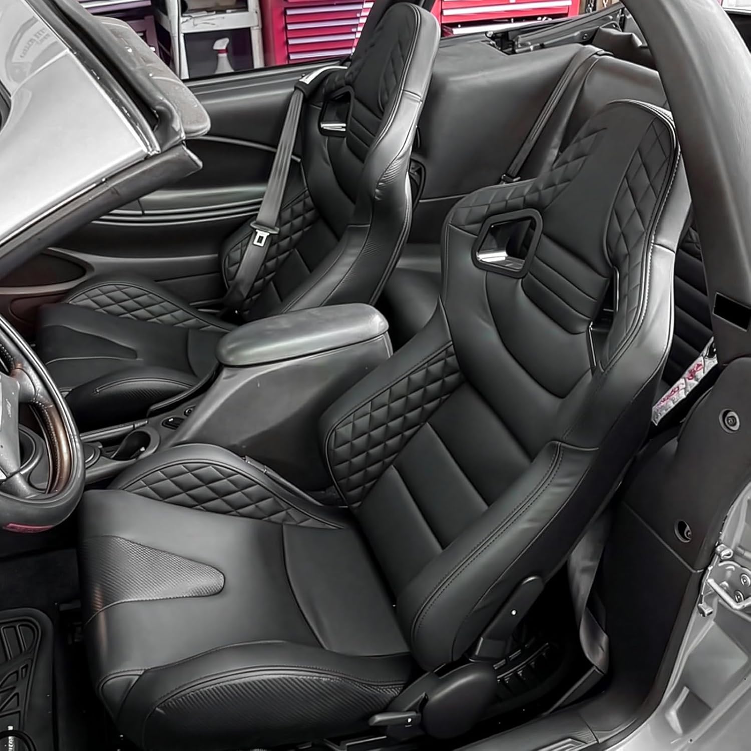 Universal Pairs of Racing Seat with Dual Sliders, PU Leather Front+Carbon Leather Back Reclinable Bucket Seat, Black
