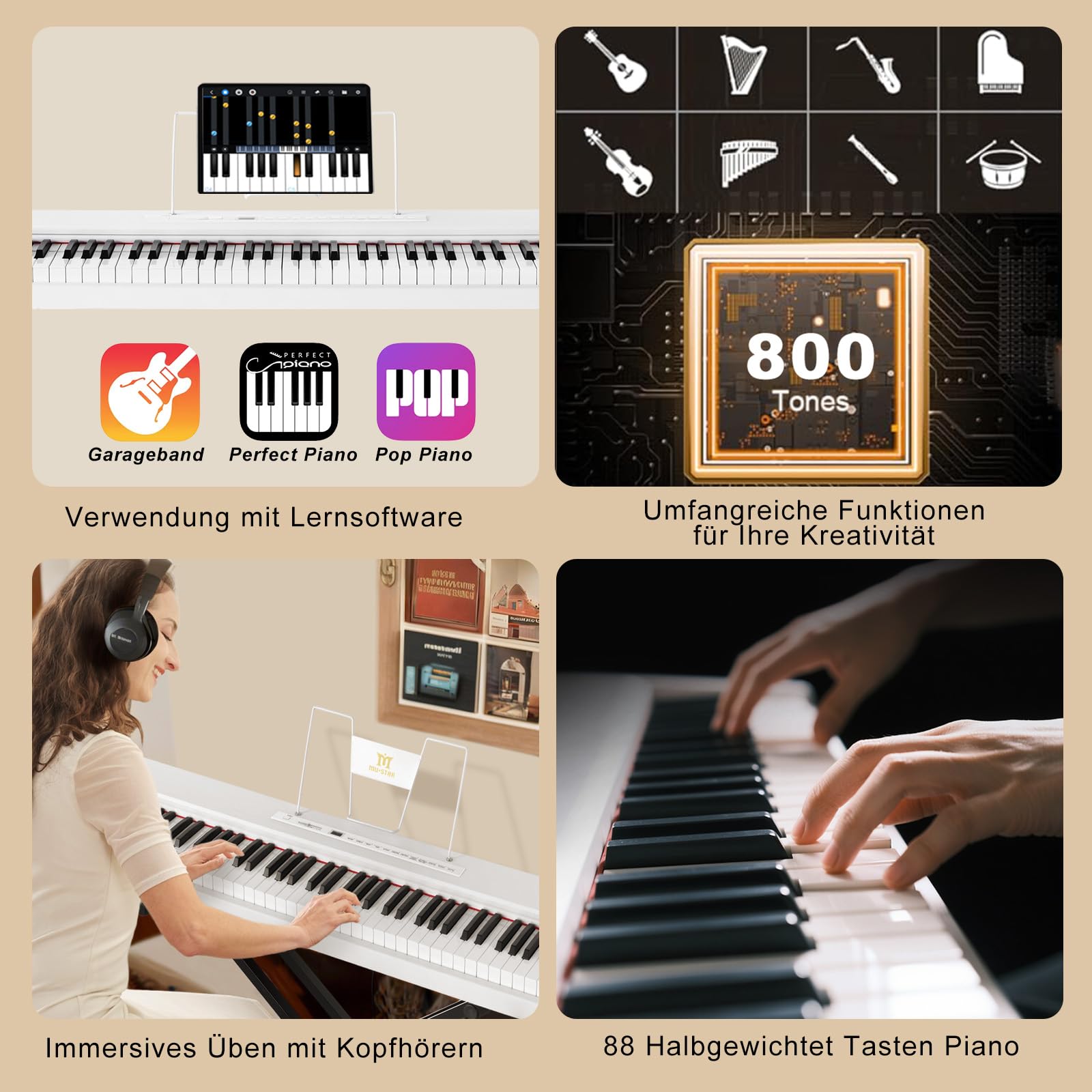 MUSTAR Digital Piano 88 Halbgewichtete Tasten mit Ständer, Volle Größe 88 Tasten Klavier für Anfänger, Tragbares E Piano, mit Kabellose Verbindung, Koffer, Sustain-Pedal, Weiß