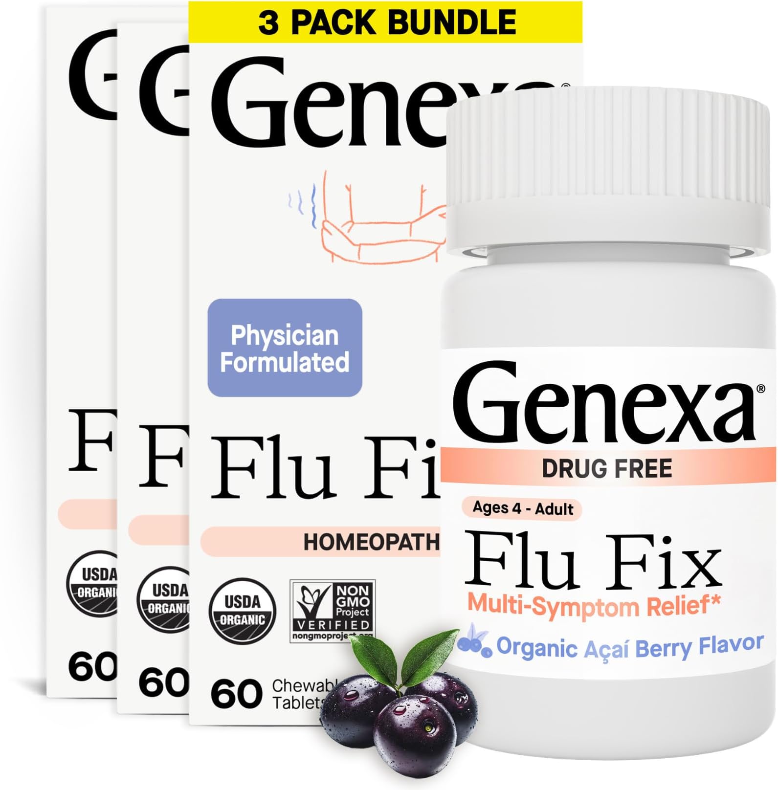 Flu Fix | Multi-Symptom Flu Remedy for Kids & Adults | Delicious Organic Acai Berry Flavor | Certified Organic & Non-GMO | Homeopathic Remedy Made Clean | 180 Chewable Tablets (3 Pack)