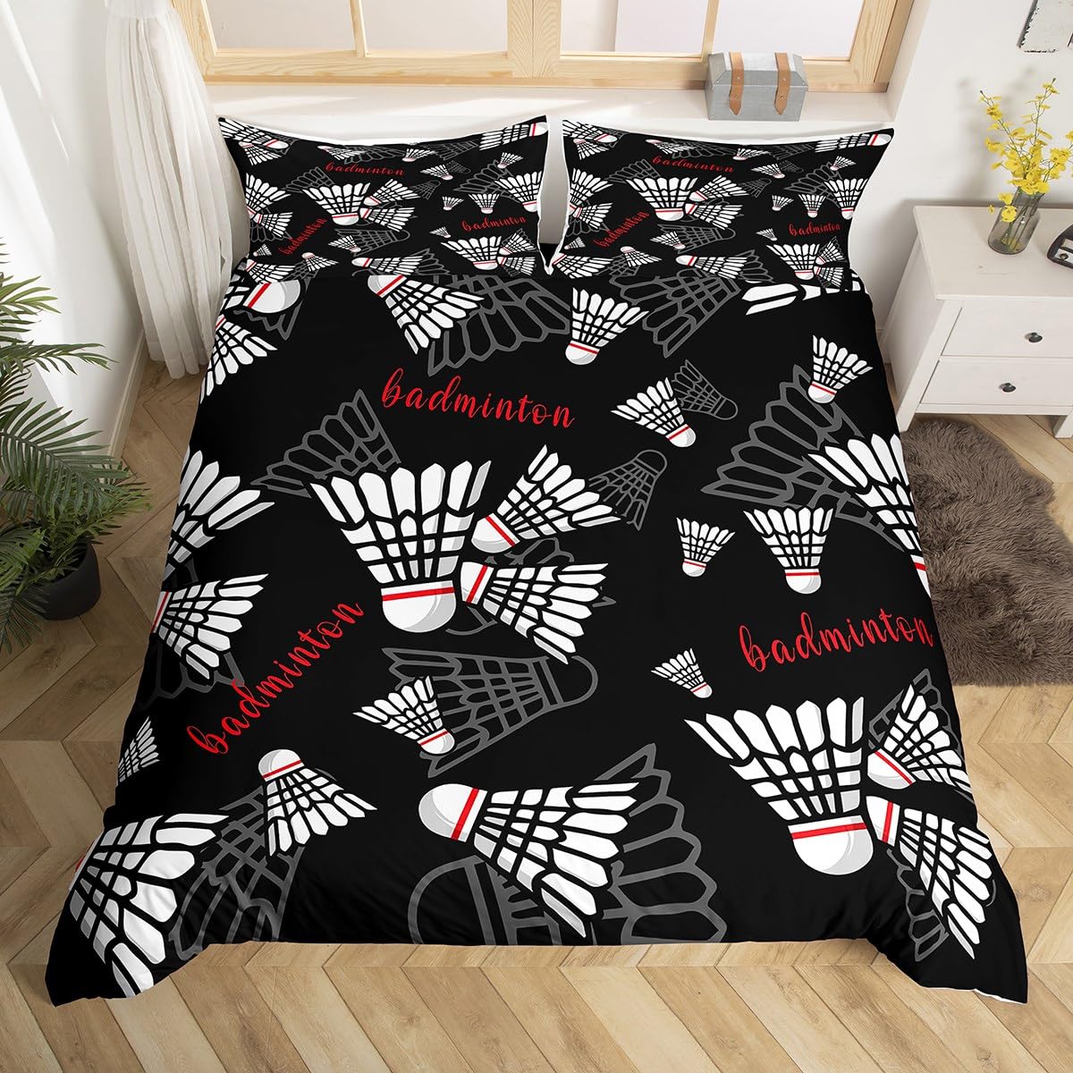 Badminton Duvet Cover King Size,Badminton Sports Comforter Cover with 2 Pillowcase for Teens Adults,Kids Ball Games Bedding Set,Black White Red Breathable 3 Pcs Decorative Bed Cover(No Comforter)