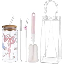 5 Pcs Glass Cups with Lids and Straws, Iced Coffee Cup Cute Glass Cup | Glass Tumbler with Straw and Lid, Bow Cup with Cleaning Brushes for Gifting to Family Friends Colleagues and Classmates