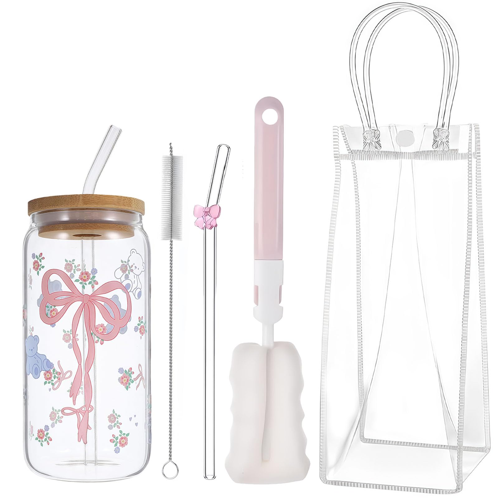 nuneoeuo 5 Pcs Glass Cups with Lids and Straws, Iced Coffee Cup Cute Glass Cup Glass Tumbler with Straw and Lid, Bow Cup with Cleaning Brushes for Gifting to Family Friends Colleagues and Classmates