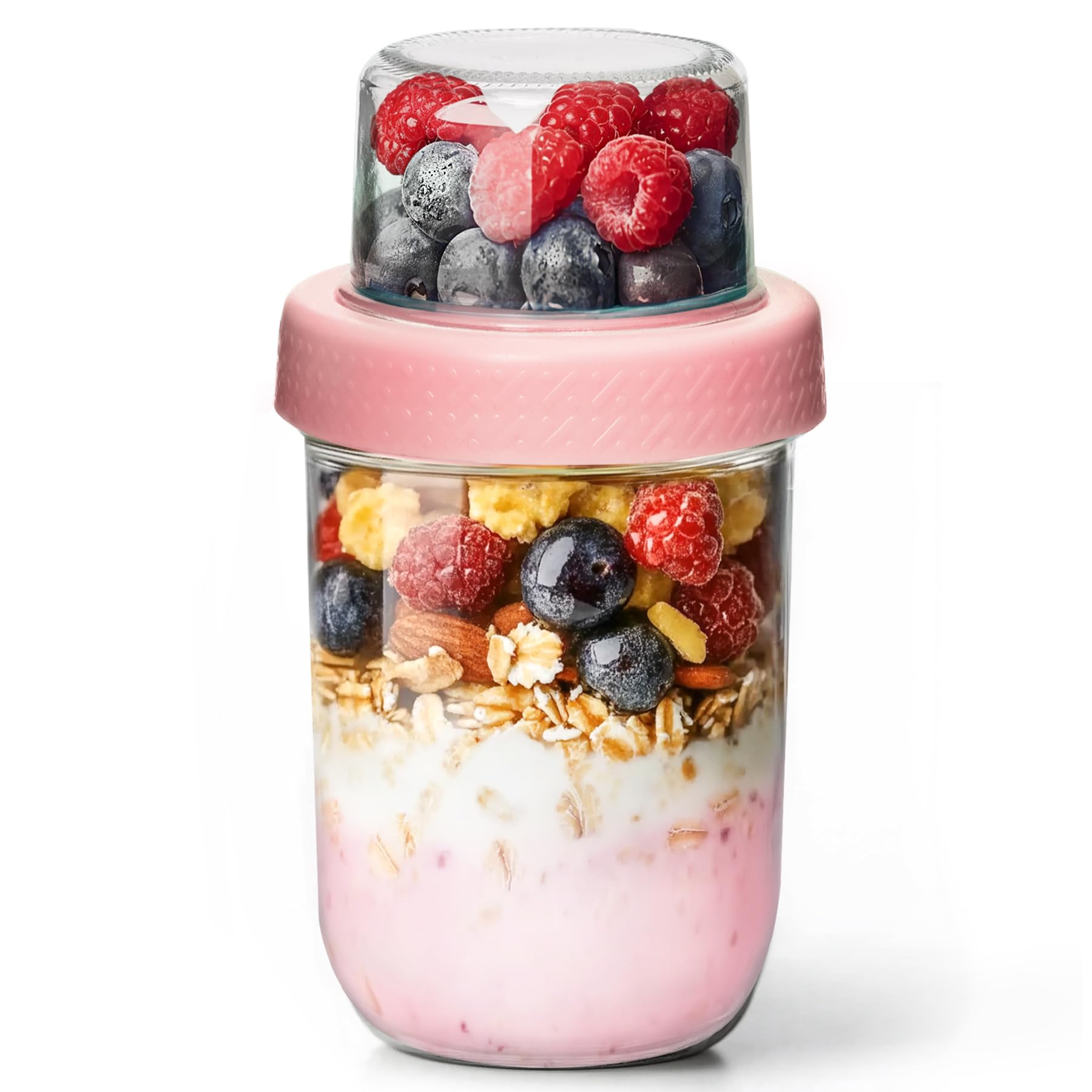 ComSaf Overnight Oats Jar 480+120mL, 1 Pack Glass Yoghurt Pots with Lids for Dry-Wet Separation