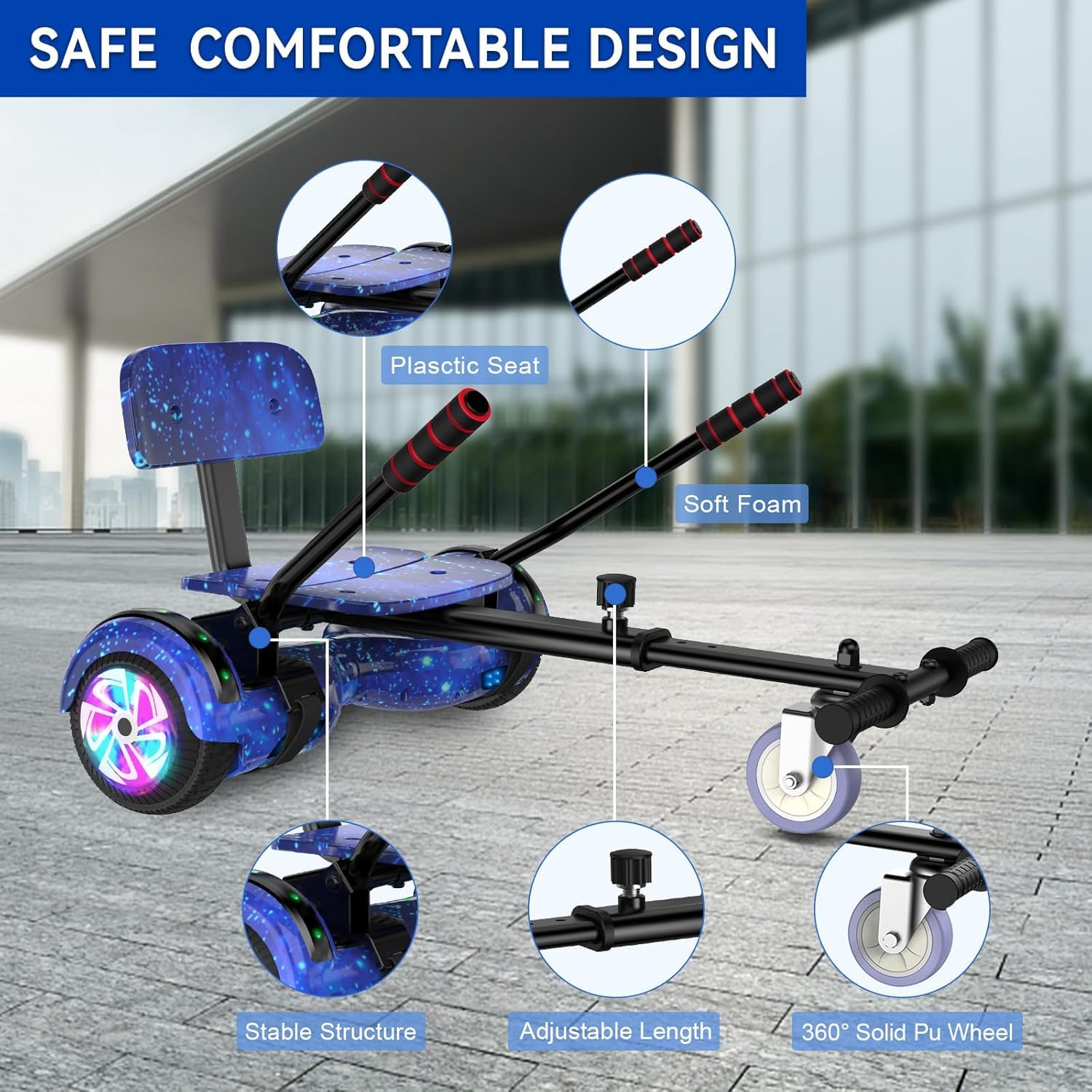 SISIGAD Hoverboard mit sitz, 6.5" Self Balancing Bluetooth-Lautsprechern LED-Lichtern für Kinder und Erwachsene, Starry Sky Blue