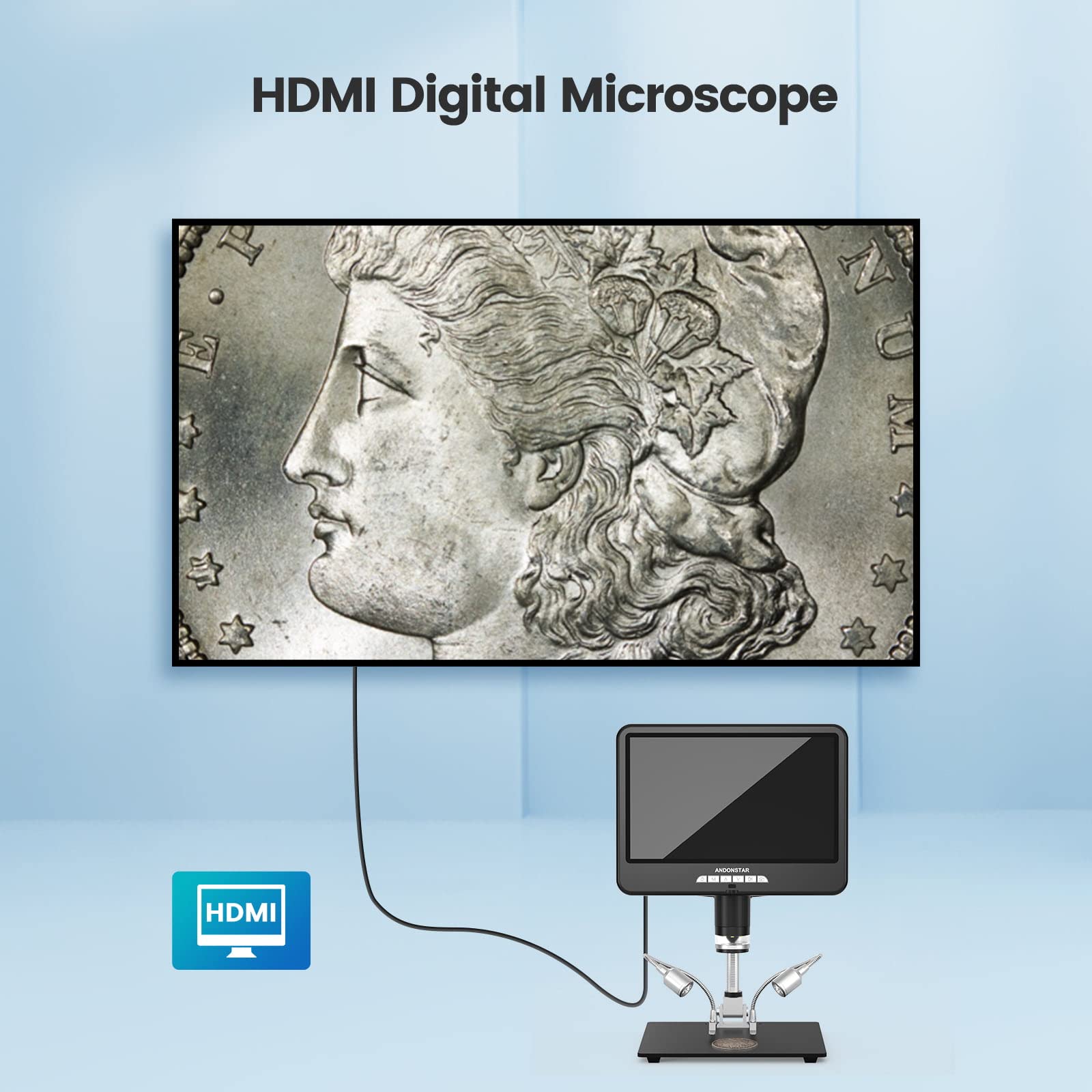 Andonstar Microscopio digitale HDMI da 10,1 pollici AD207S-10, microscopio a saldatura, microscopio a moneta per monete di errore, kit microscopio elettronico