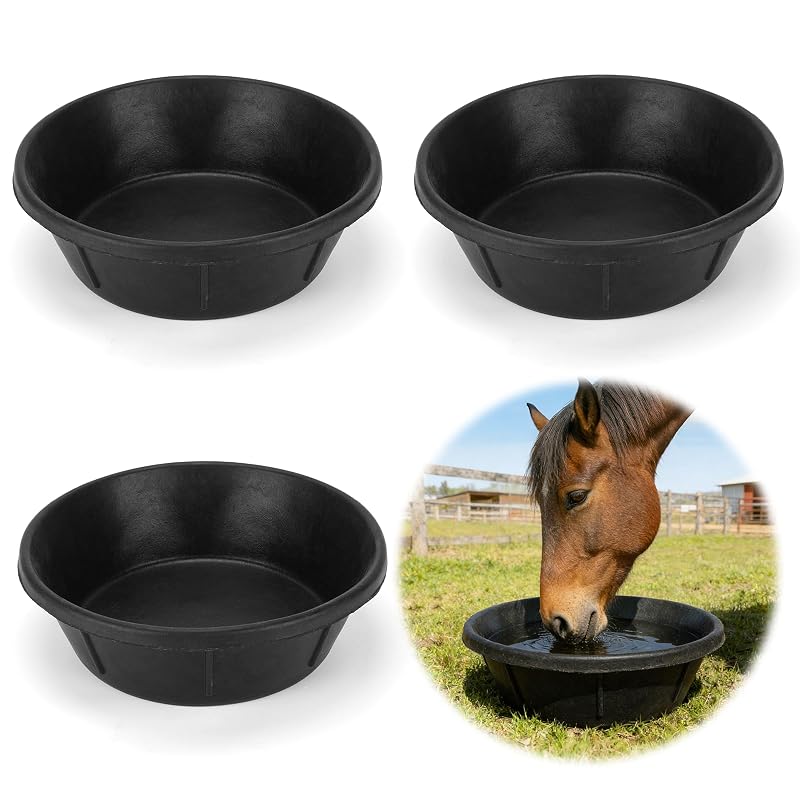 Bacia de Alimentação para Cavalos em Borracha Reforçada, 7,57 L, Midollarle, Black-3 Pcs