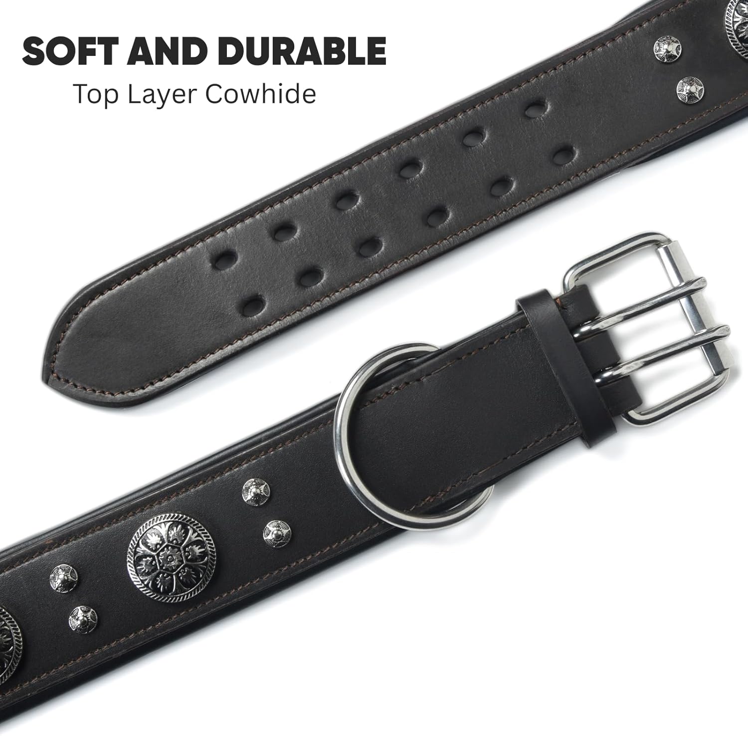 2-Inch Wide Heavy Duty Genuine Leather Dog Collar, Soft Luxe Western Design with Double Prong Buckle, Adjustable Comfort Fit for Medium and Large Breed Dogs, Durable Pet Accessorys (Brown, M (15"-20")