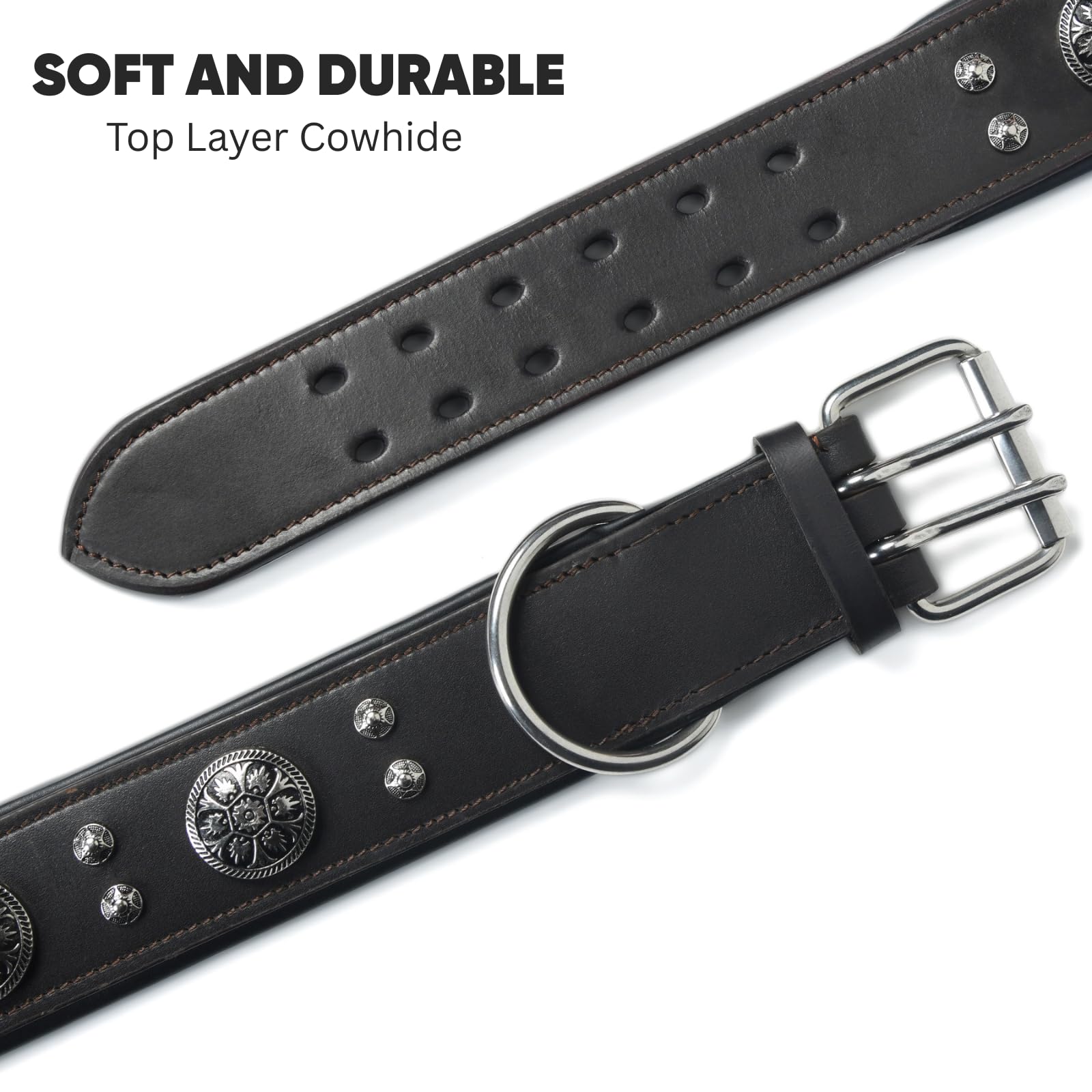 Handgefertigtes Hundehalsband aus echtem Leder, 5,1 cm breit, strapazierfähig, weich und luxuriös, Western-Design mit Doppelzinken-Schnalle, ideal für große und mittelgroße Hunderassen, Braun, Größe M