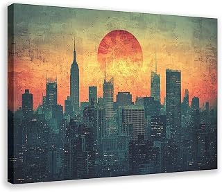 Mid-Century City Wall Art – Vintage Urban Skyline Canvas Print – Warm Retro Tones Home And Office Wall Decor Poster Print for Teen Boys Room Wall Art Canvas Painting Print Frame 12x18inch