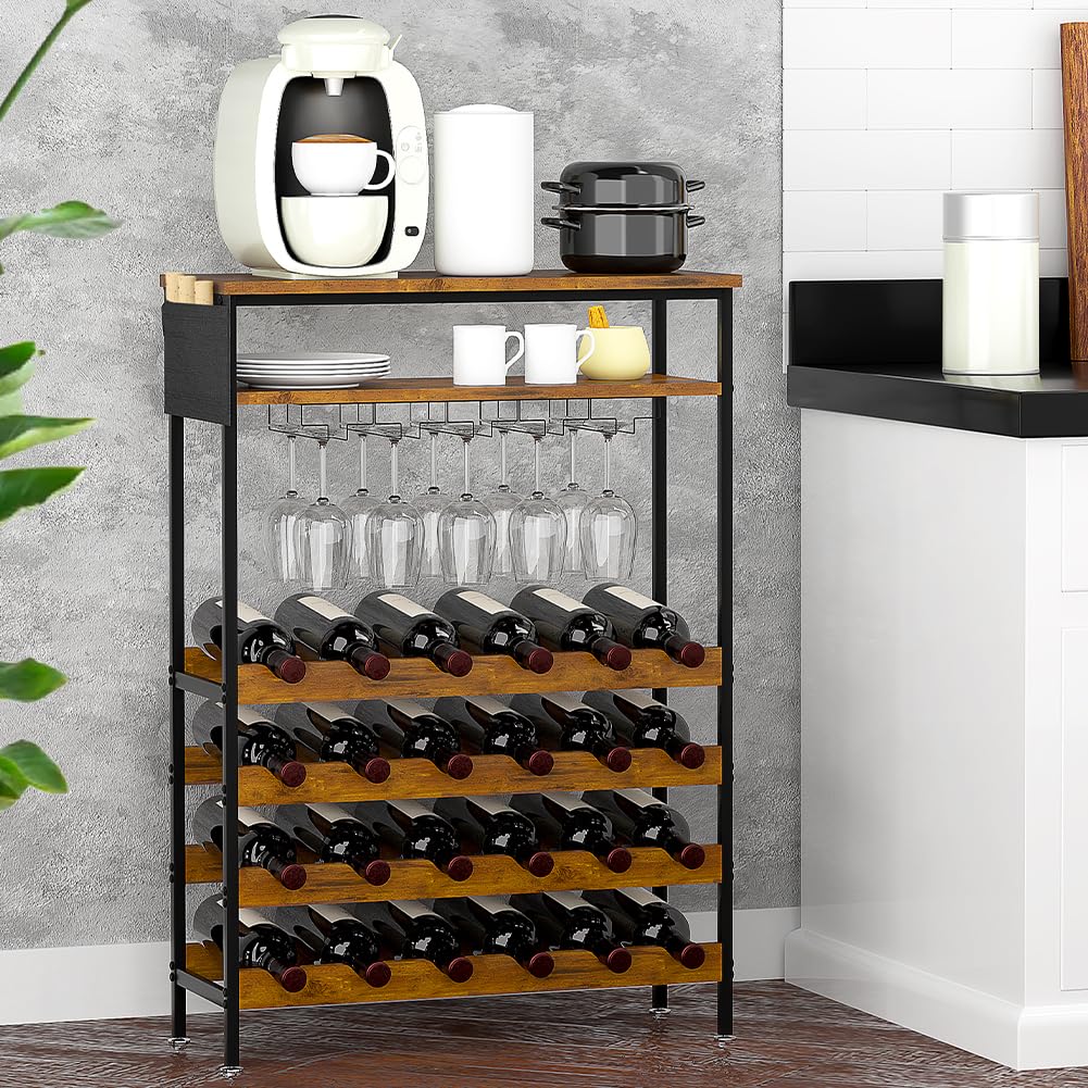 Shally Dogan Portabottiglie da Terra per Vino con 24 Scomparti Porta Bottiglie, 10 Portacalici e 1 Ripiano, Cantinetta Industrial per Angolo Bar con Struttura in Acciaio e Ripiani in Legno 66x30x100cm