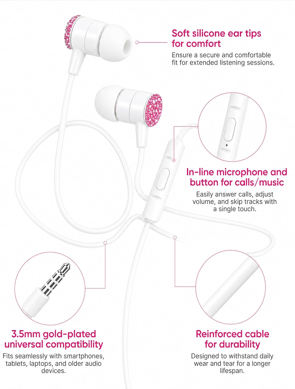 2-Pack Teens Wired Earbuds with Glitter Pink Case, School Headphones image 3
