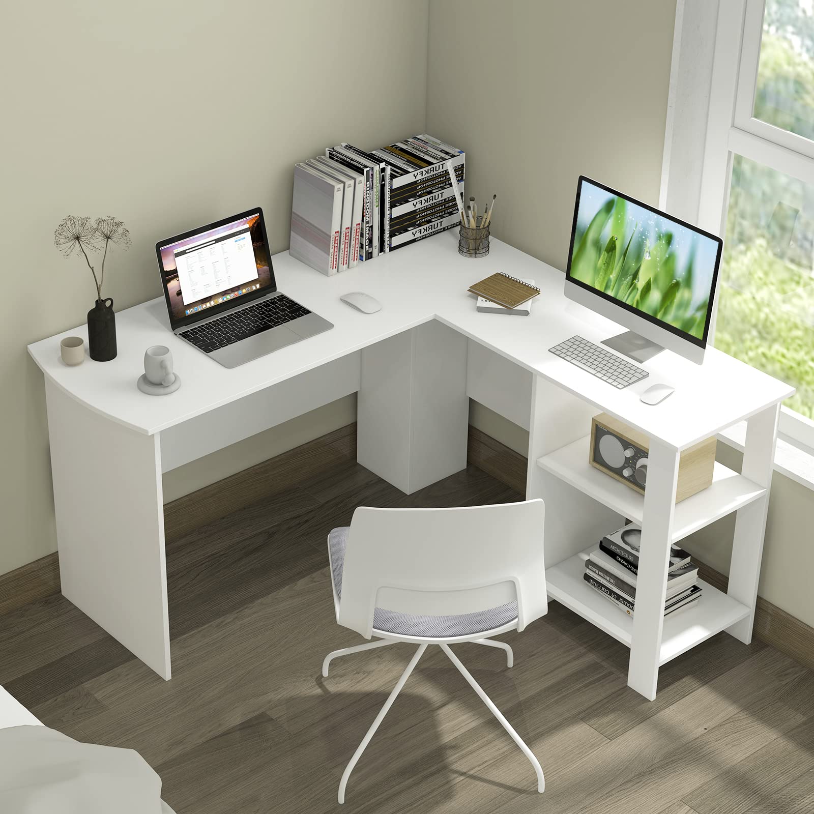 LIFEZEAL Scrivania Angolare a L, Grande Scrivania da Ufficio ad Angolo per 2 Persone, Postazione di Lavoro Porta Computer, Salvaspazio, Ripiano Rimovibile, per Casa, Ufficio, Studio (bianco)